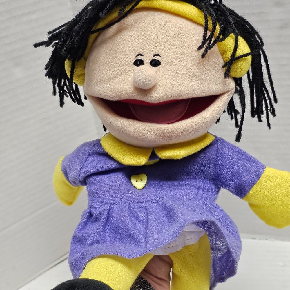 Oriental Trading Hand Puppet Purple Yellow Black Yarn Hair Girl Plush Doll